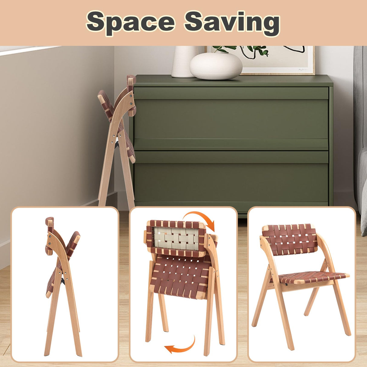 Luteren Folding Chairs Set of 2, Wooden Foldable Dining Chairs, Stackable Folding Extra Chair with Breathable Leather-Woven Design for Indoor & Outdoor, Brown Luteren