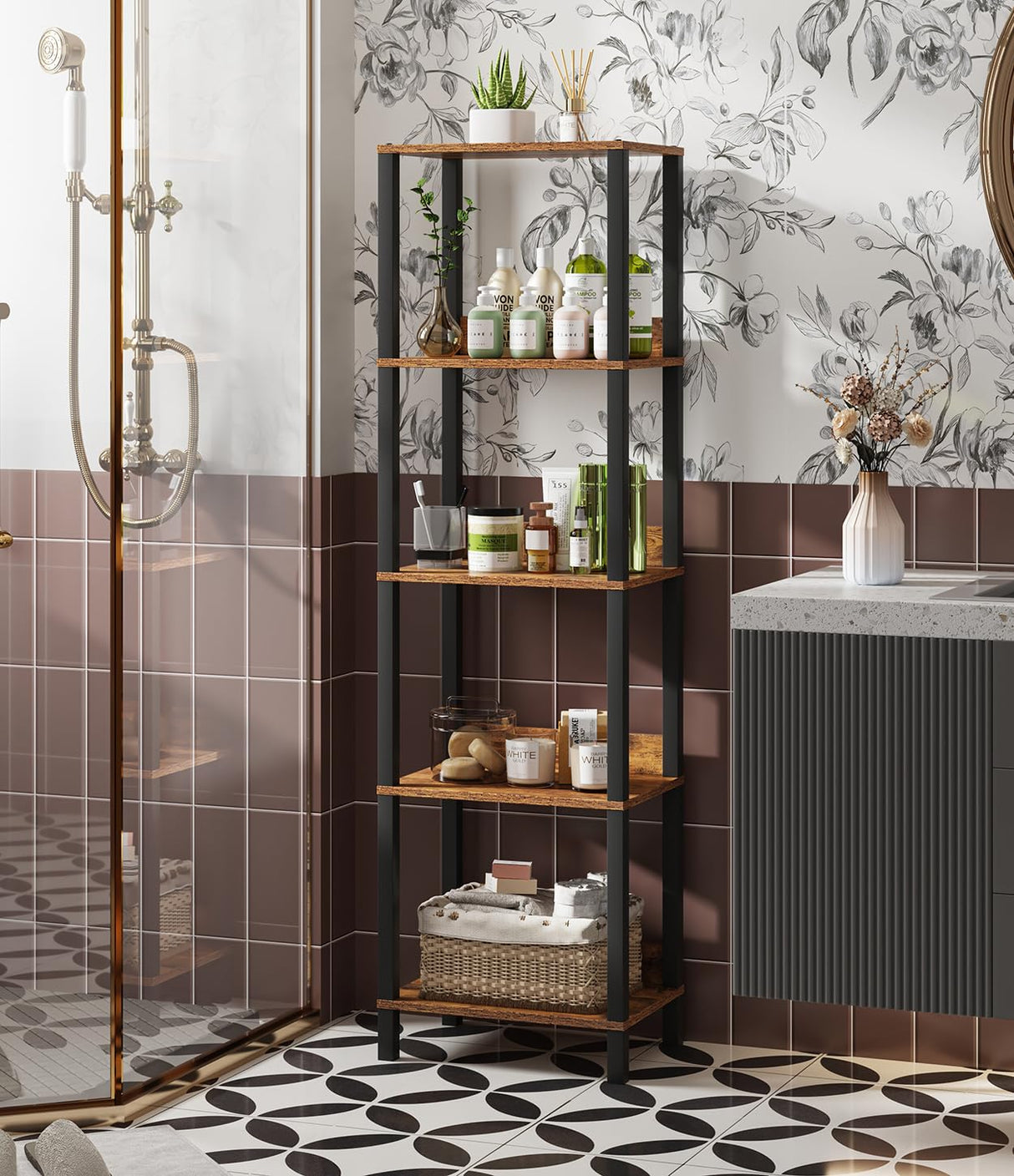 VIMBER 5-Tier Bookshelf with Anti-Fall Baffle, Tall Bookcase for Books, Garage Kit, CDs, Movies, Industrial Standing Bookshelves Storage Organizer for Bedroom Office Living Room USSJ001F VIMBER