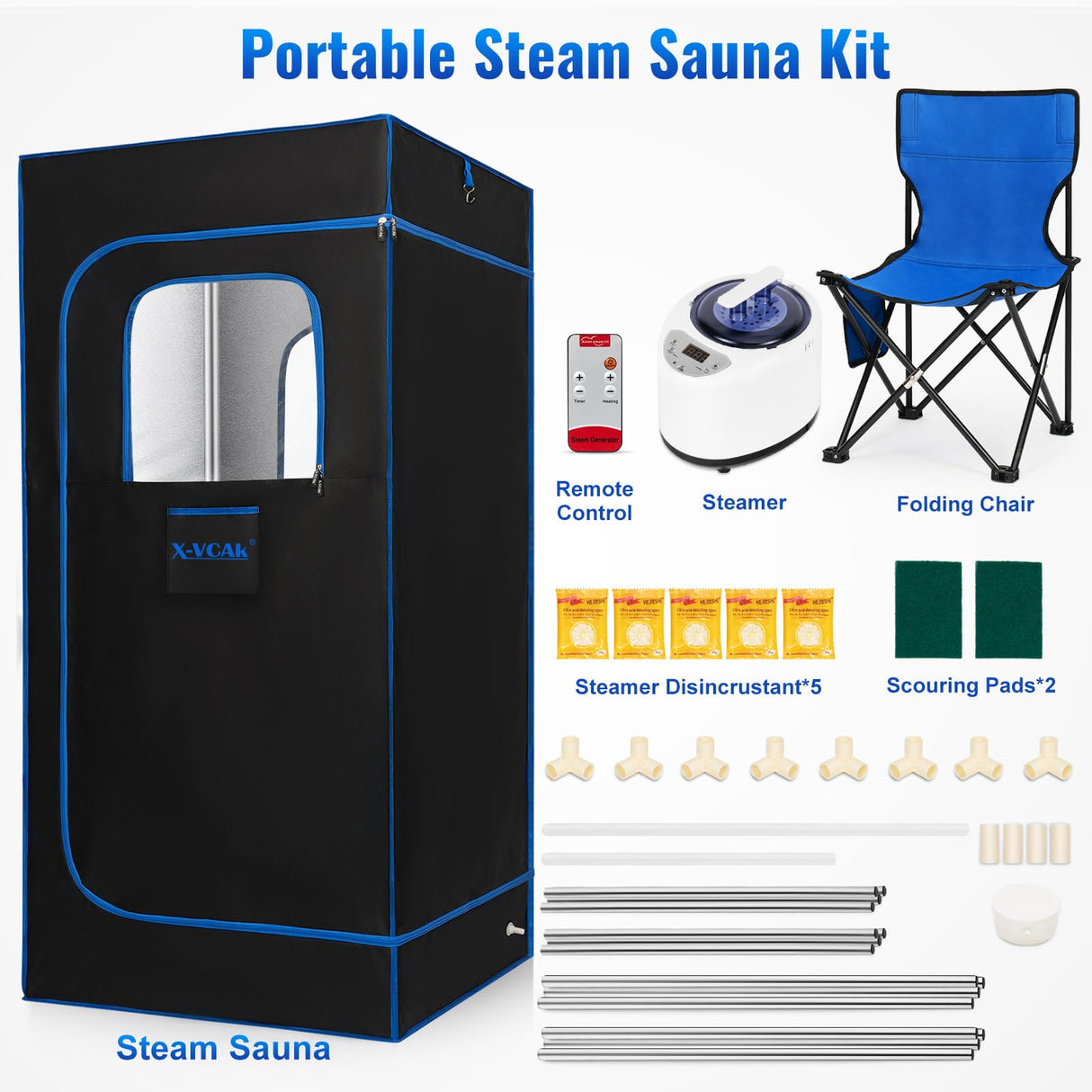 X-Vcak Portable Steam Sauna, Portable Sauna for Home, Sauna Tent Sauna Box with 2.6L Steamer, Remote Control, Folding Chair, 9 Levels, Black with Blue, 2.6’ x 2.6’ x 5.9’ X-Vcak