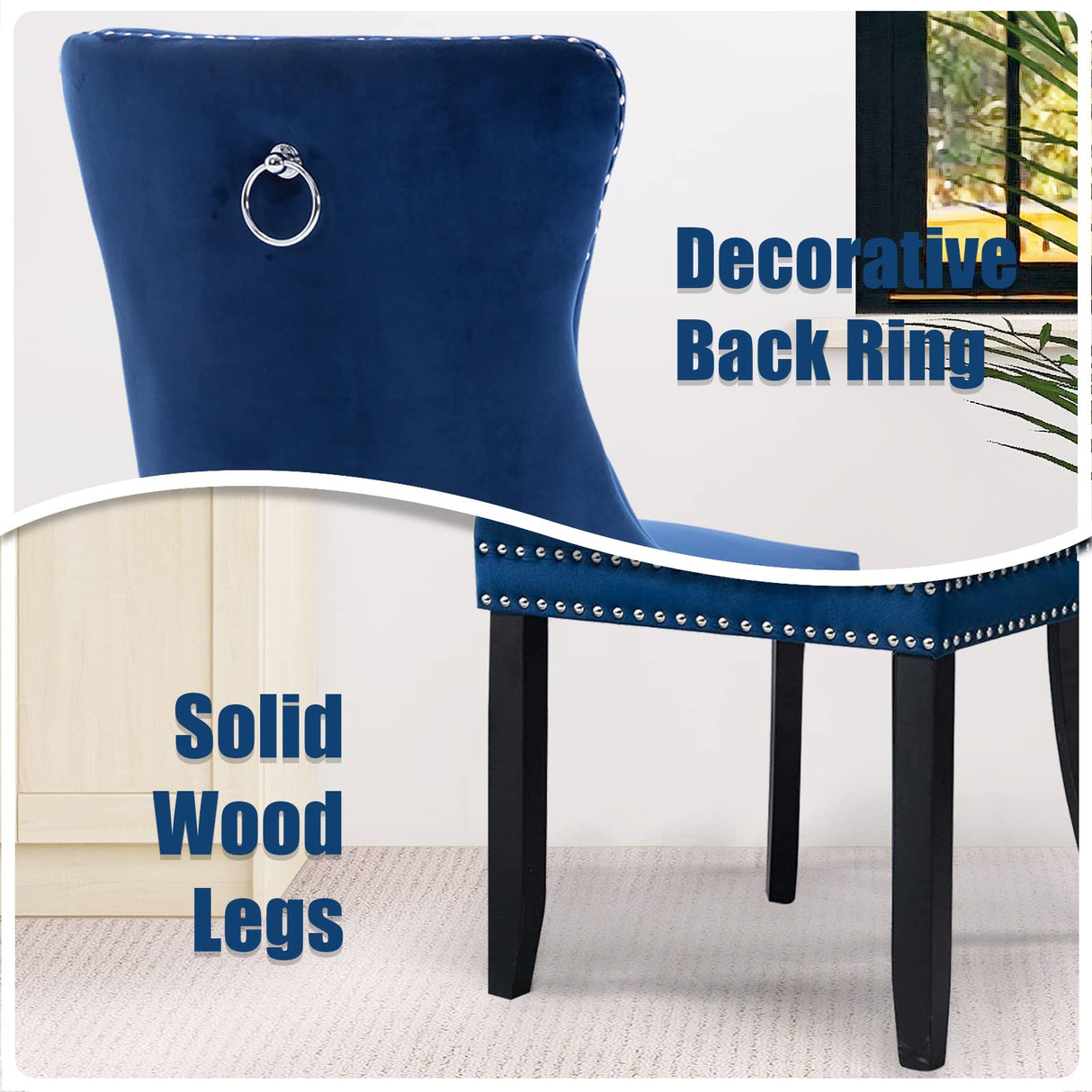 SoarFlash Velvet Dining Chairs Set of 2, Tall Back Side Chair, Modern Upholstered High-end Tufted Side Chair with Button Back Ring, Solid Wood Legs (Blue) SoarFlash