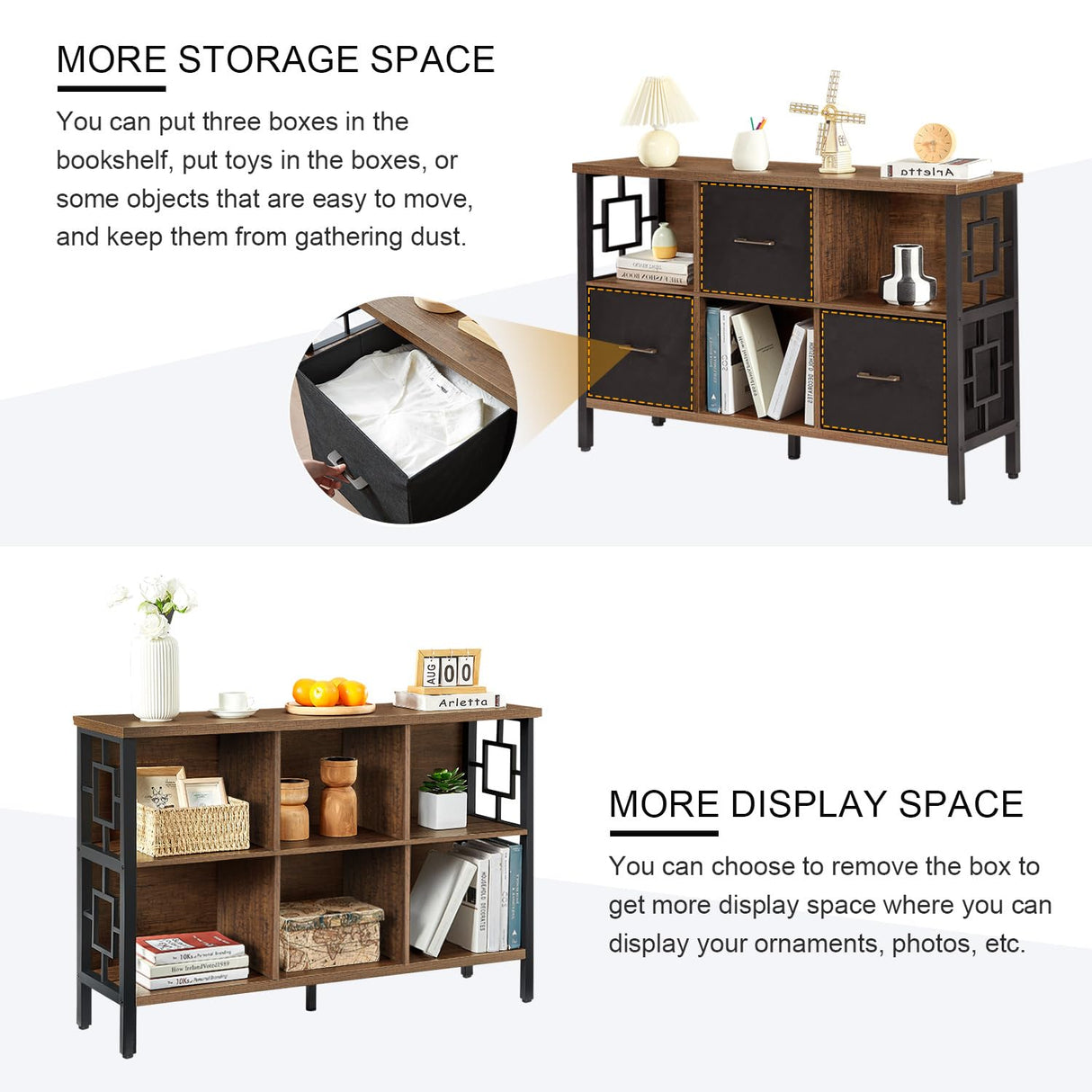 HOMISSUE 6 Cube Storage Organizer Shelf, Rustic Short Bookshelf with 3 Cubby Bin, Industrial Horizontal Bookshelves with Metal Frame, Low and Wide Bookcase for Living Room and Office, Brown HOMISSUE