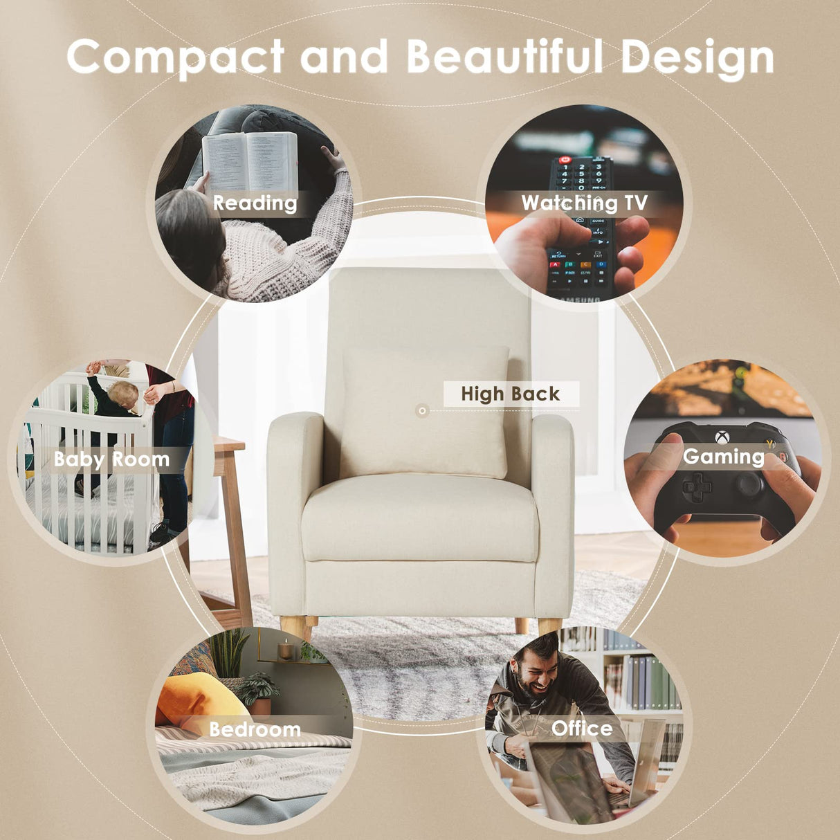 COLAMY Modern Upholstered Accent Chair Armchair with Pillow, Fabric Reading Living Room Side Chair,Single Sofa with Lounge Seat and Wood Legs, Beige COLAMY