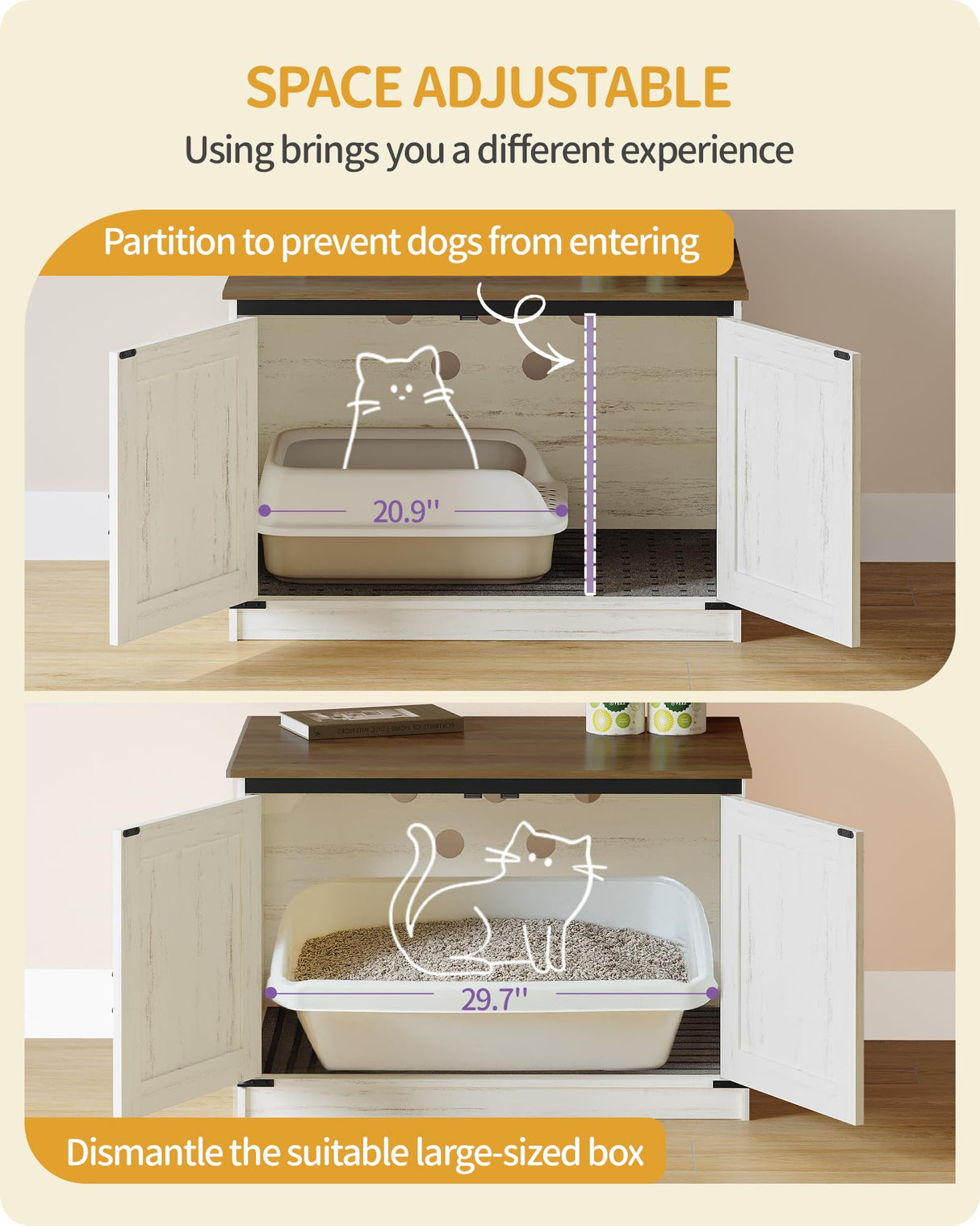 Hzuaneri Cat Litter Box Enclosure with Cushion, Hidden Litter Box Furniture with Removable Dividers, Reversible Entrance Left or Right Side, Cat House, Rustic White and Brown CB84614X Hzuaneri