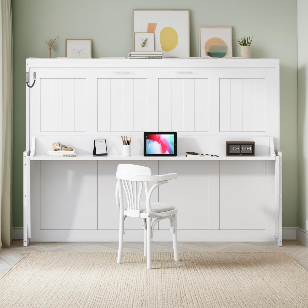 Save Space Folding Wall Bed with Desk, Queen Size Wood Hideaway Bed with Hydraulic Lift Design for Small Space Bedroom Guest Room, White MaiDeHaoo