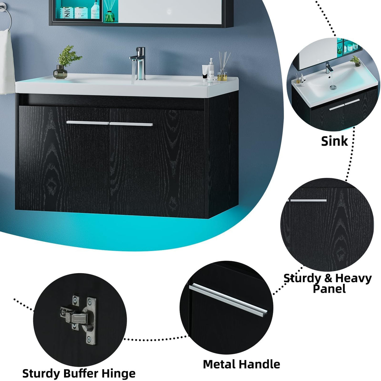 4ever2buy 31" Black Bathroom Vanity with Sink, Floating Bathroom Sink Cabinet with LED Light, Modern Clearance Bathroom Vanities with 2 Doors & Metal Handles 4ever2buy
