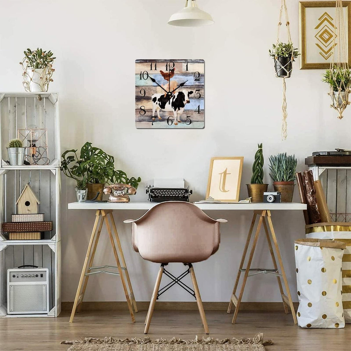 Wooden Wall Clock Farm Animal Cow Pig and Chicken 10 Inch Old Fashioned Square Wooden Wall Clock Digital Accurate Wood Clock for Bedroom Kitchen Wall Decor Home Decor Alioyoit