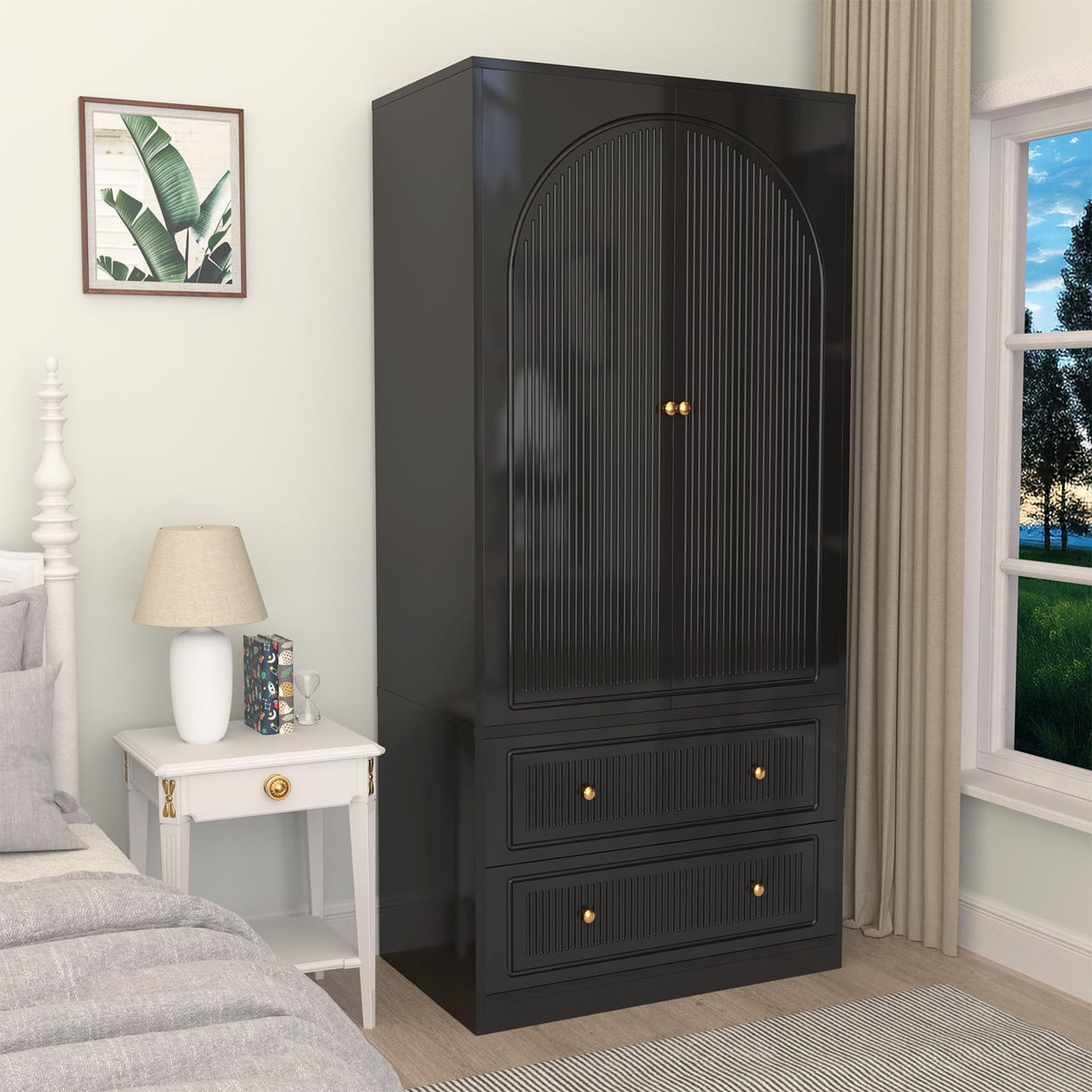 Wardrobe Closet with 2 Door & 2 Drawers, 71" Black Bedroom Wooden Armoire with Hanging Rod, Freestanding Large Capacity Clothing Wardrobe Cabinet w/Gold Handles for Bedroom Buenhomino