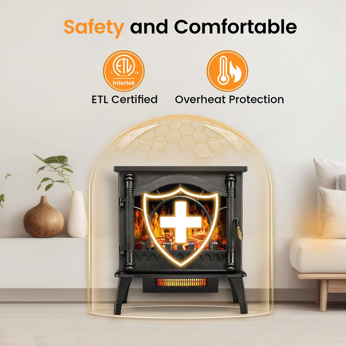 Joy Pebble Electric Fireplace Heater, 20'' Infrared Fireplace Heater 1000/1500W, 3D Realistic Flames Effect, ETL Certificated & Low Noise, Adjustable Flame Brightness, Overheating Protection Joy Pebble