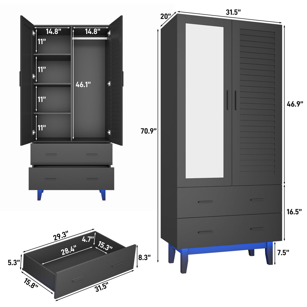 jiteentarou 2 Door Armoire Wardrobe Closet Cabinet with Drawers and LED Lights, Multi-Tier Shelves, Hanging Rod & 2 Louver Doors, Large Capacity Storage Wardrobe Armoire for Bedroom(2 Doors Black) jiteentarou