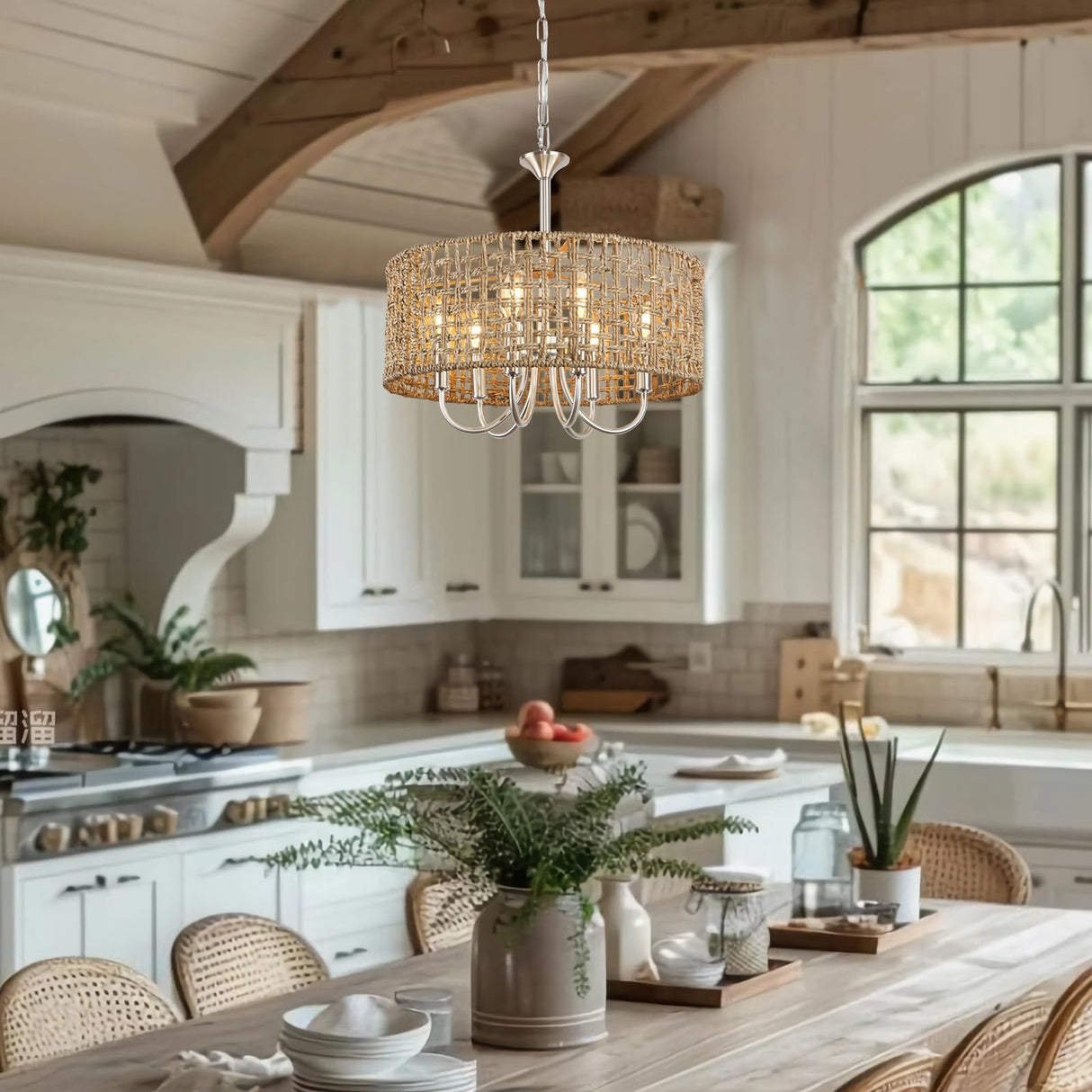 LynPon 17.7" Brushed Nickel Boho Rattan Chandeliers for Dining Room, 6-Light Seagrass Pendant Light Fixtures with Hand Woven Wicker Shade, Farmhouse Drum Chandelier for Living Room Kitchen Hallway LynPon