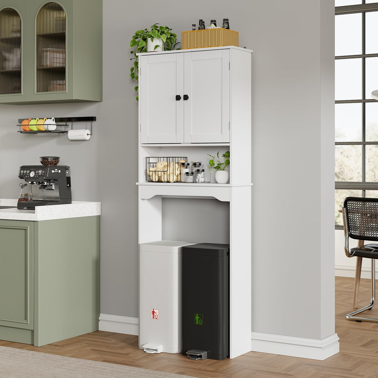 RRX Over The Toilet Storage Cabinet,Bathroom Above Toilet Cabinets Organizer, 24.8" L x 9.1 "W x 65.7 "H Free Standing Toilet Rack with Adjustable Shelf and Open Storage,Double Doors, White RRX