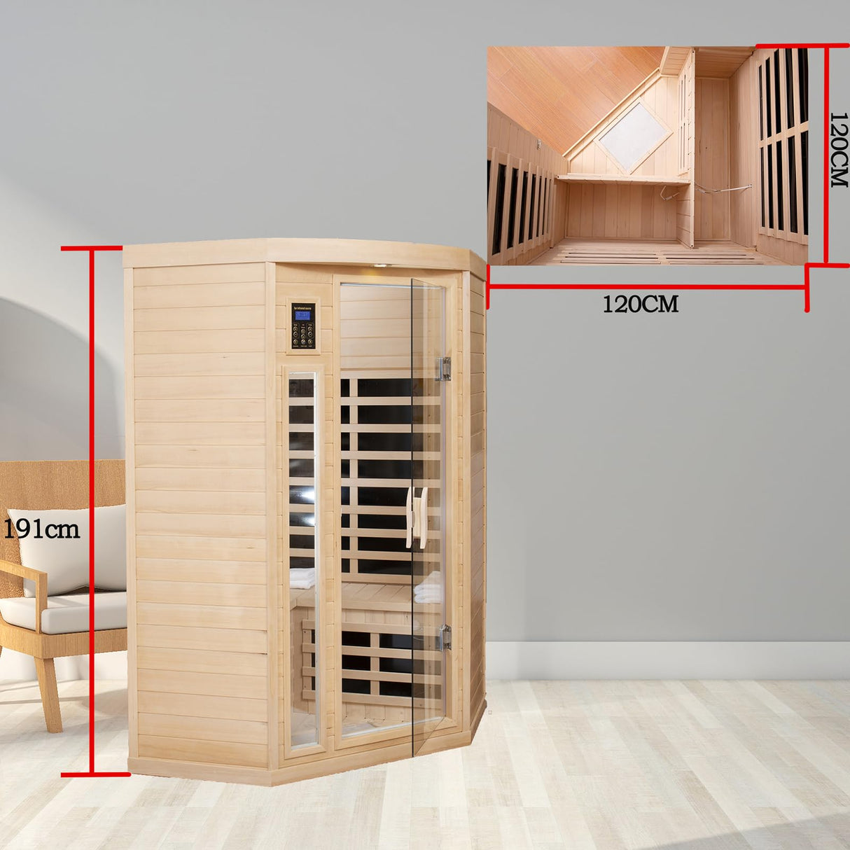 IVYHAVEN Home Far Infrared Sauna, Sauna Room 2-3 Person Canadian Hemlock Corner Sauna with 7 Low EMF Heaters 2 LED Reading Lamp 3 Chromotherapy Lights for Indoor, Bluetooth, LCD Display-Control IVYHAVEN