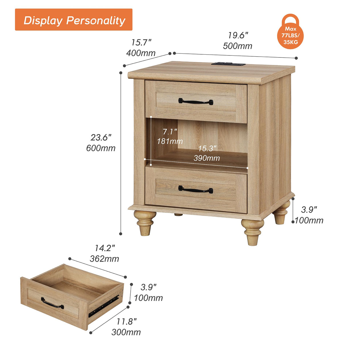 WAMPAT Farmhouse End Table Nightstand with Charging Station, Small Side Table with 2 Drawers for Living Room, Light Wood Night Stand Bedside Table for Bedroom, Oak WAMPAT