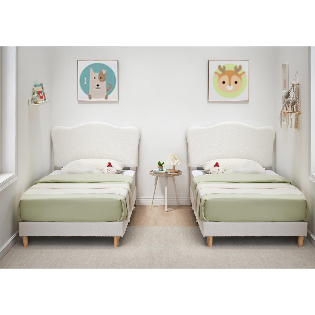 GarveeHome Upholstered Twin Size Bed Frame for Kids with Scallop Headboard, Cute Velvet Twin Bed for Girls, Boys, Sturdy Platform Bed, No Box Spring Needed, Wooden Slats, Noise Free, White GarveeHome