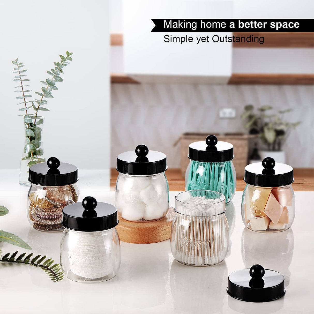 Farmhouse Decor Apothecary Jar Set,Mason Jar Bathroom Vanity Storage Organizer Canister - Qtip Holder Plastic Acrylic Jar for Cotton Swabs,Cotton Pads,Floss Picks,Paper Clips,Hair Clips(6 Pack,Black) SheeChung