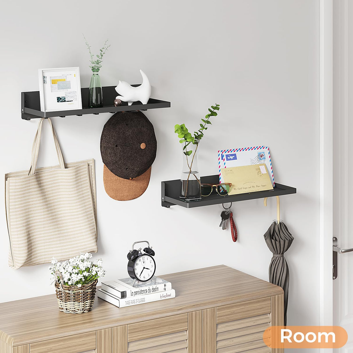 SKIKEN Folding Metal Shelf with Hooks, Wall Mounted Laundry Room Shelf, 8 Hooks & 90° Fold Up, Fold-Down for Rv, Bathroom, Kitchen, Garage, Space Saving, Small Space, Black(17.0", 1 Pack) SKIKEN