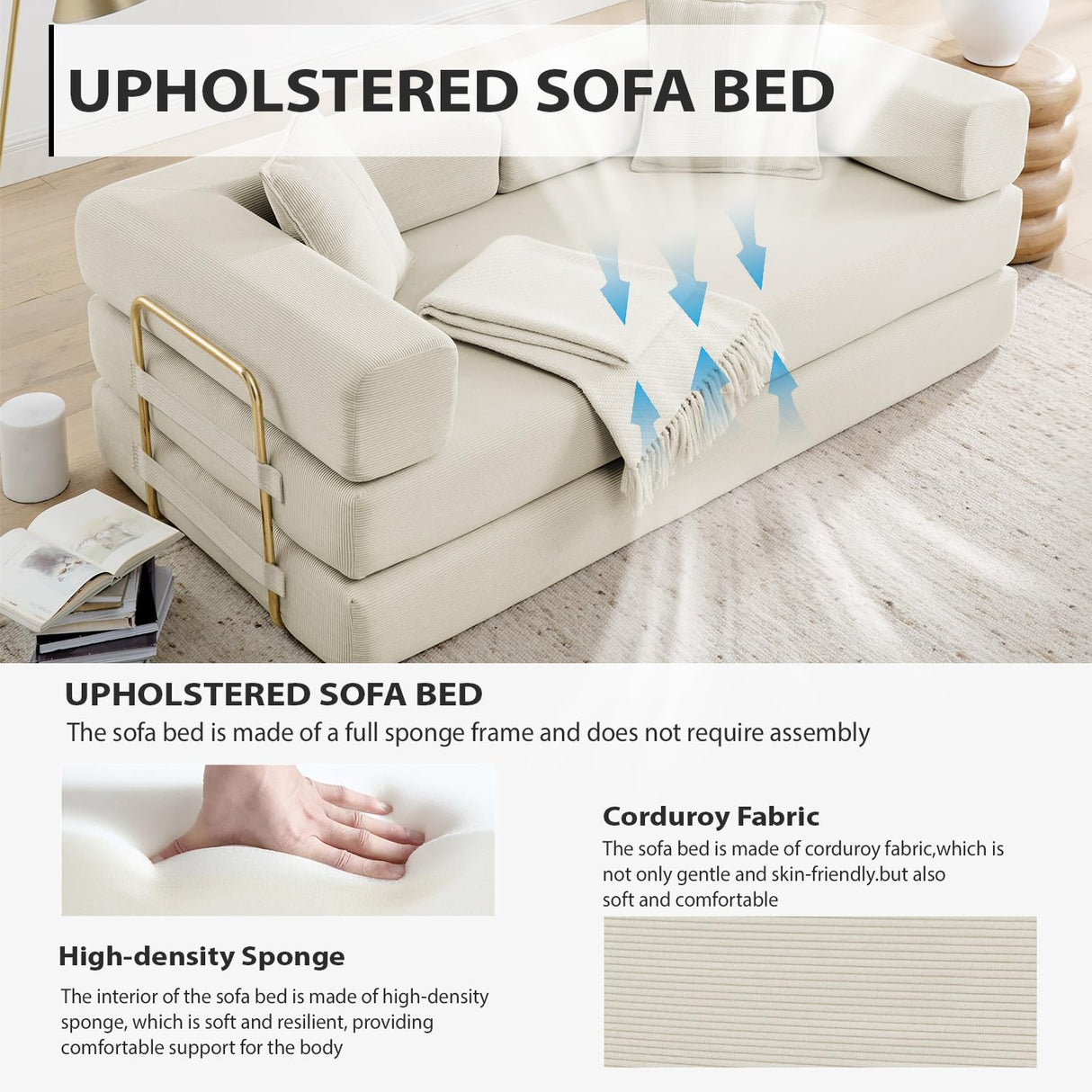 4-in-1 Folding Convertible Sofa Bed, 78 Inch Boneless Couch with Fixed-Shape Frame, Corduroy Loveseat Sleeper with Pull Out Bed, Floor Sofa Modular Futon Couch for Living Room Bedroom Lounge (Beige) ivoros