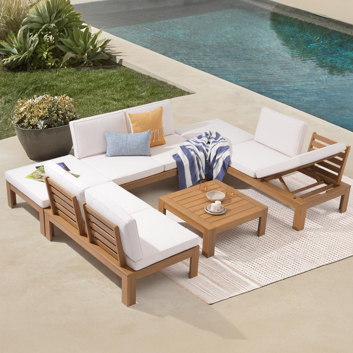 SUNSITT 6 Piece Acacia Wood Patio Furniture Outdoor Sectional Sofa Set with Adjustable Armrest, FSC Certified L-shaped Patio Set w/2-in-1 Coffee Table, Cream White Cushions for Garden SUNSITT