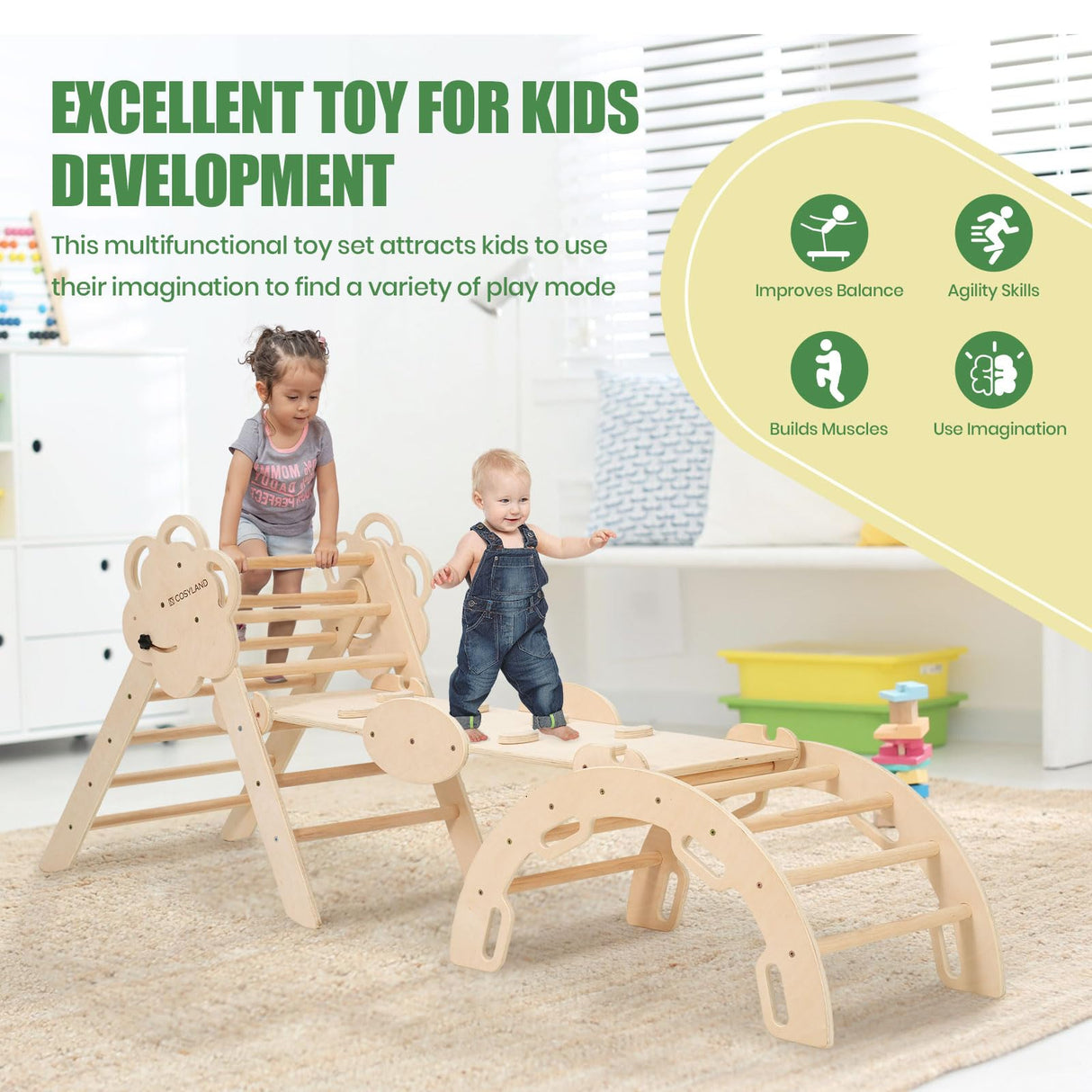 COSYLAND Pikler Triangle Set 8 in 1, Foldable Pickler Climbing Set Wooden Montessori Climbing Gym Set, Large Indoor Climbing Toys for Toddlers 1-6 Inside, Patented Baby Climbing Gym CPC Certified, Nat COSYLAND