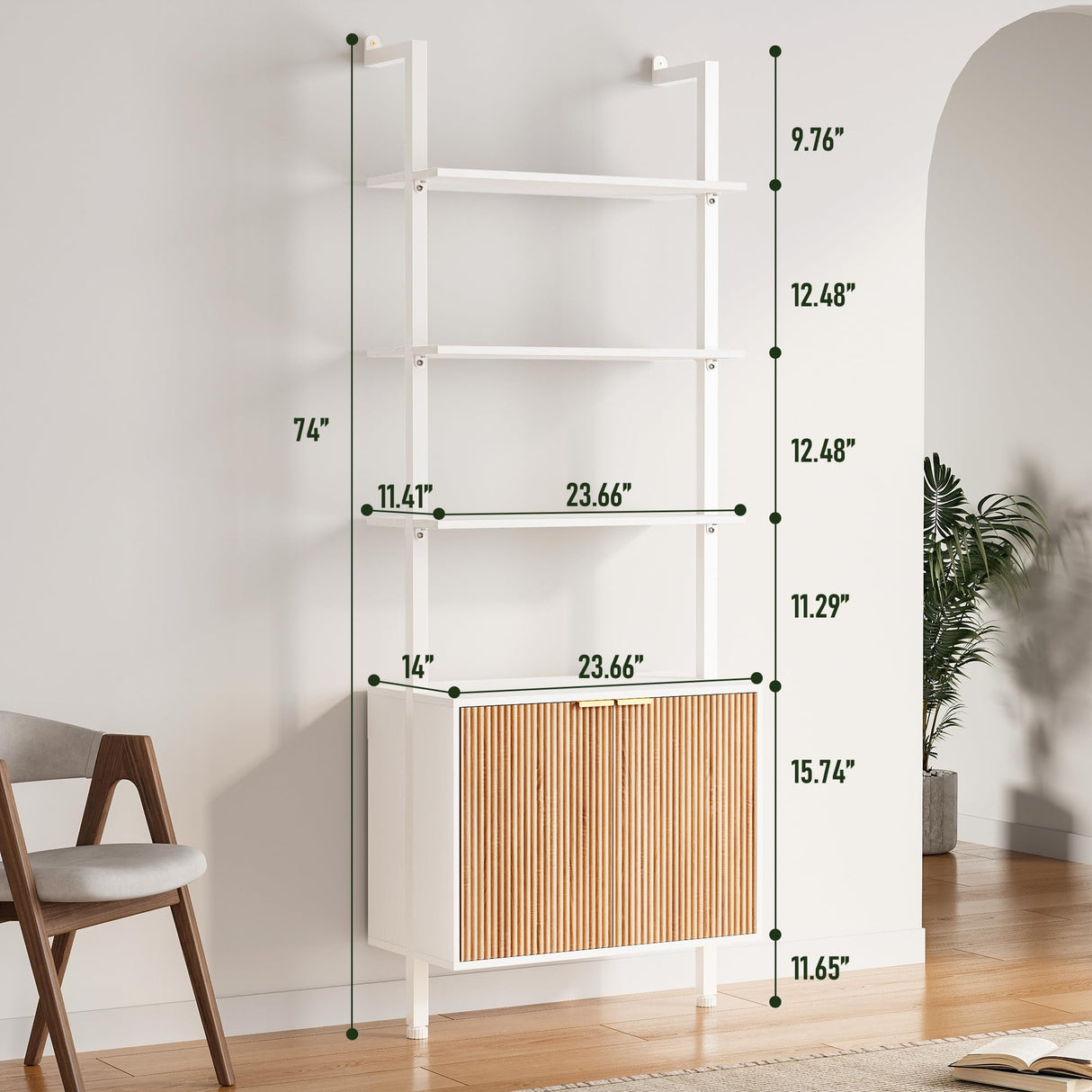 74" Tall Bookshelf with Storage Cabinet, Modern Ladder Shelf with Wood and Metal Frame, Wall Mount Bookcase Open Display Shelf Furniture for Living Room, Bedroom, Home Office, White and Oak INNOD