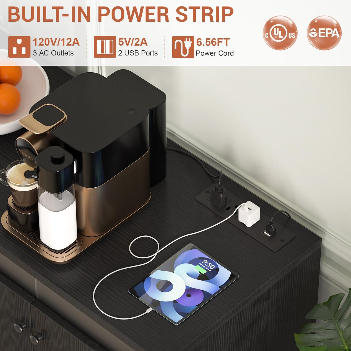 Aheaplus Sideboard Buffet Cabinet with Power Outlet, Kitchen Storage Cabinet with LED Light & Doors, Accent Cabinet Cupboard Buffet Table with Storage for Dining Room, Living Room, Hallway, Black Aheaplus