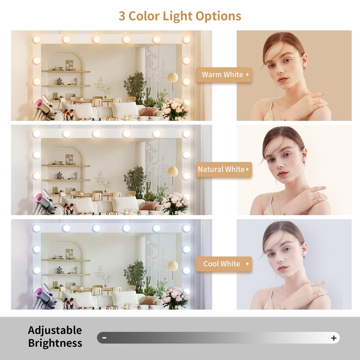 VOWNER Vanity with Lighted Mirror - Makeup Vanity Desk with Power Outlet and 7 Drawers, 3 Color Lighting Modes Adjustable Brightness, 44" Vanity Table with Soft Cushioned Stool for Women Girls, Marble VOWNER