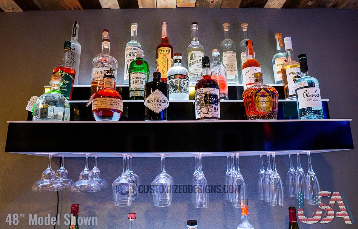 Customized Designs 3 Tier Wall Mounted Liquor Bottle Shelving w/Wine Glass Slots & LED Lighting (36) Customized Designs