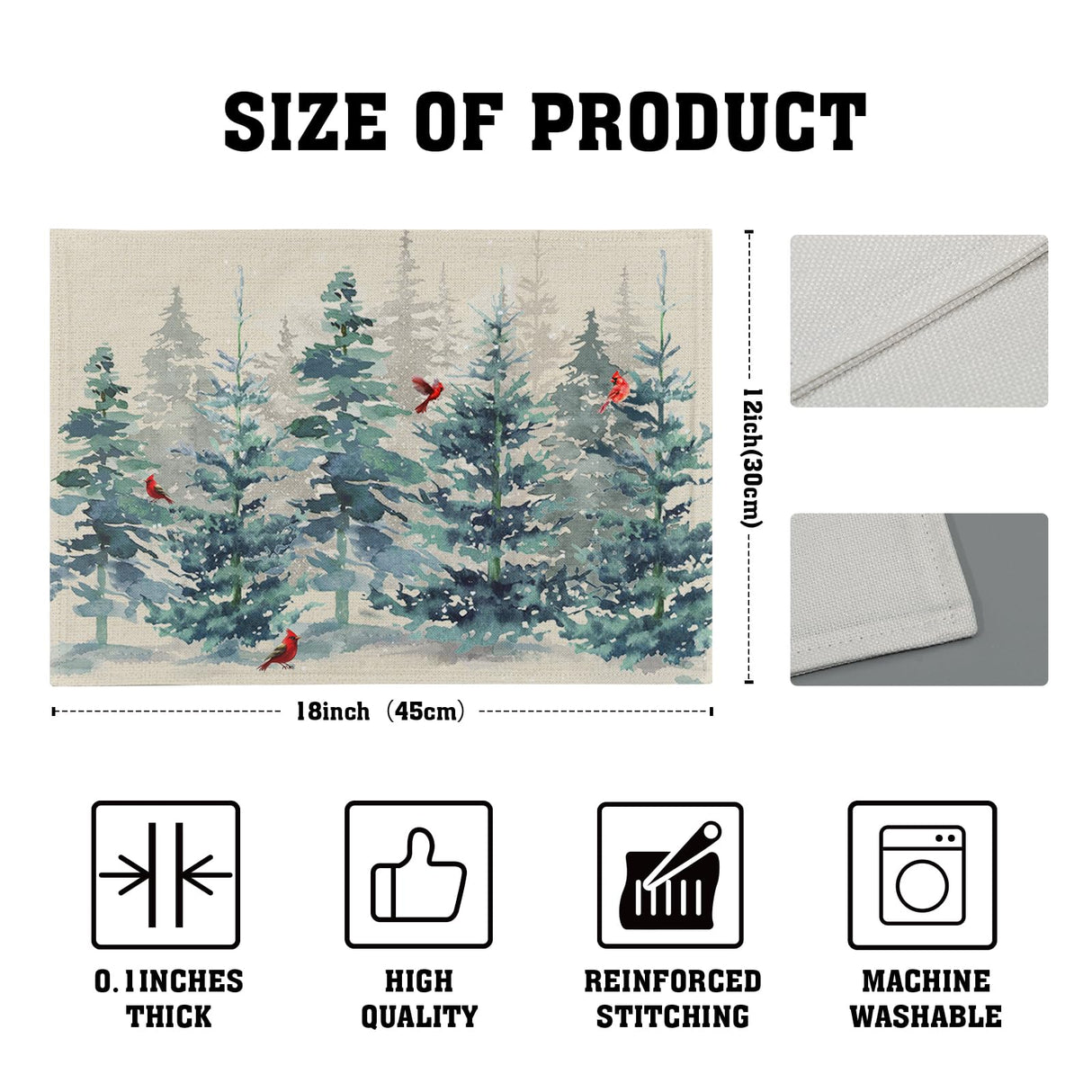 Winter Forest Tree Placemats Set of 4,Pine Tree Christmas Red Bird Heat Resistant Non Slip Place Mats Cotton Linen Tablemats for Dining Table Kitchen Decor 18 x 12 Inch Imiss
