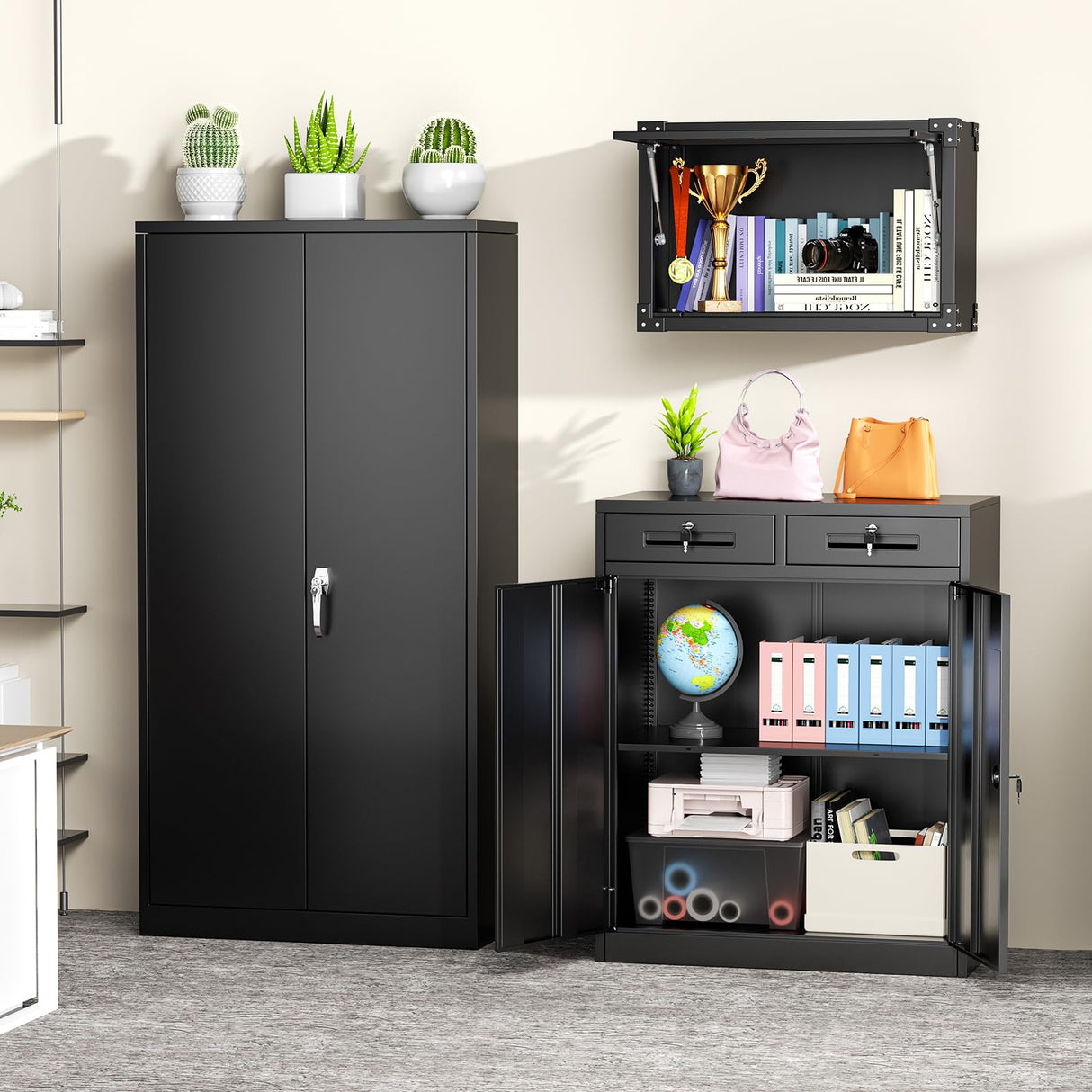 Greenvelly Metal Storage Cabinet with 2 Drawers,36" Black Metal Cabinets with Doors and Shelves, Garage Cabinet with Lock for Home Office, Garage, School, Apartment,Warehouse Greenvelly