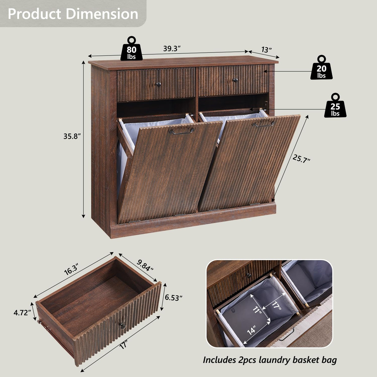 IFBUY Modern Double Tilt-Out Laundry Hamper Cabinet, 20 Gallon Fluted Trash Can Cabinet w/2 Drawers, Wooden Hidden Garbage Can Cabinet w/Laundry Basket, Free Standing for Bathroom and Kitchen, Brown IFBUY