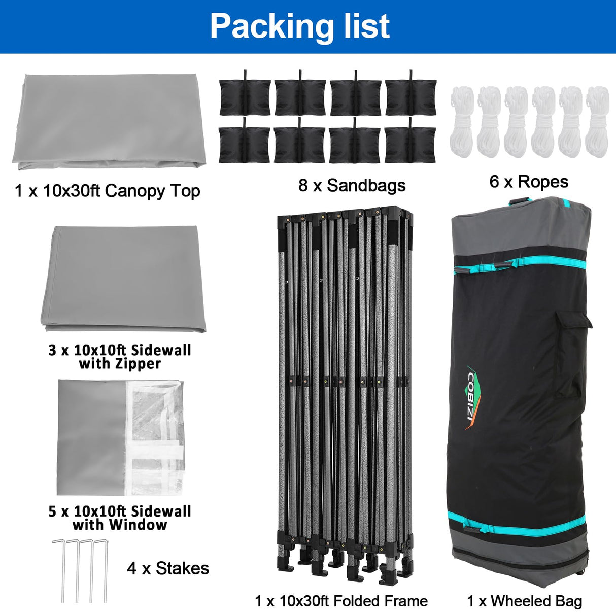 COBIZI 10x30 Pop up Canopy Tent 10x30 Canopy with 8 Sidewalls Waterproof Heavy Duty Commercial Canopy Tent for Parties Outdoor Tent Garden Gazebo Tent, Carry Bag with Wheel(10x30ft, Gray) COBIZI