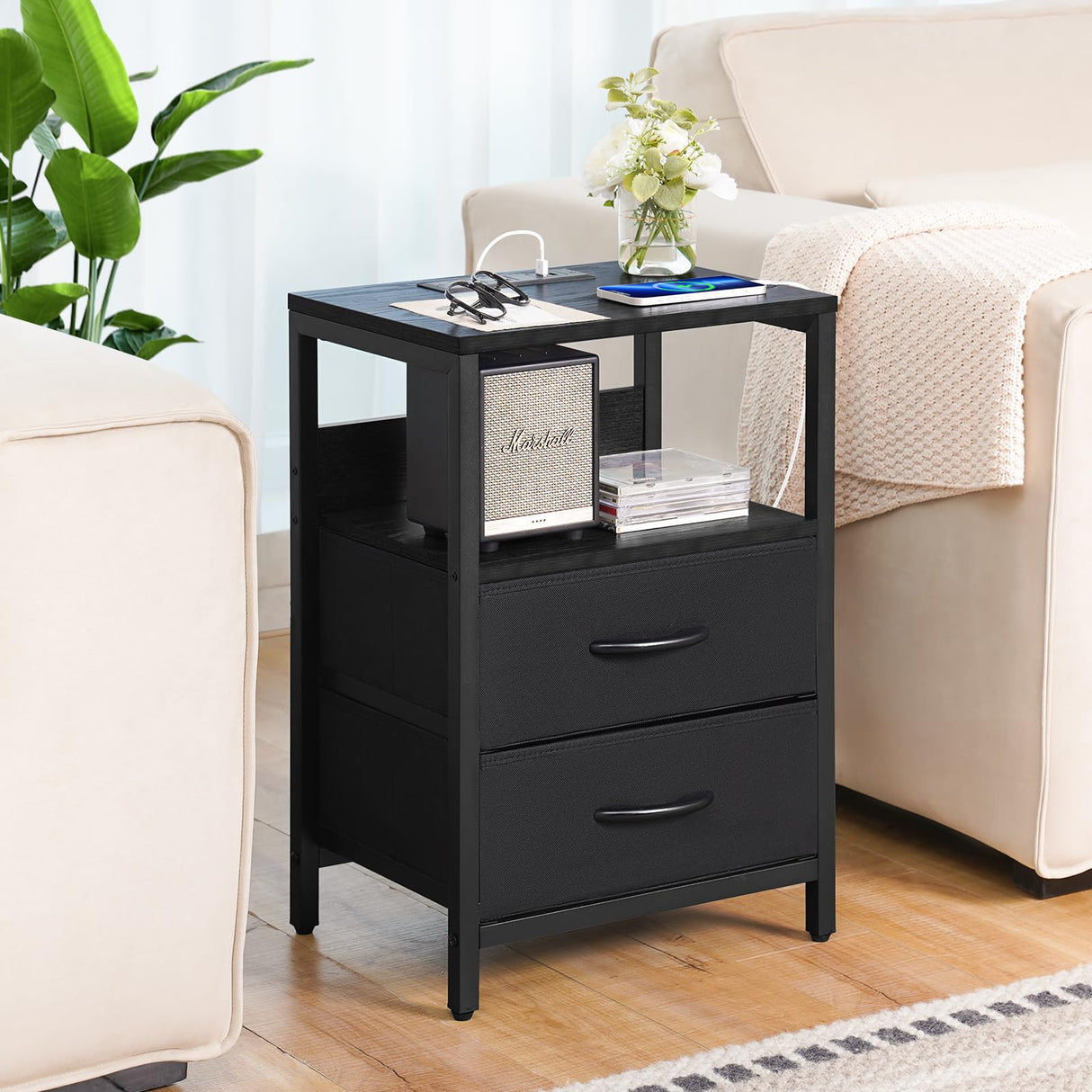 Yoobure Nightstand with Charging Station, Small Night Stand with Fabric Drawers and Storage Shelf for Bedrooms, Nightstands for Small Spaces, Bedside Table with USB Ports & Outlets Bed Side Table Yoobure