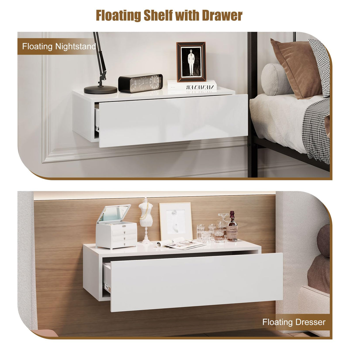 HedoAjim White Floating Nightstand with Drawer – Modern Wall-Mounted Storage for Bedroom or Living Room HedoAjim