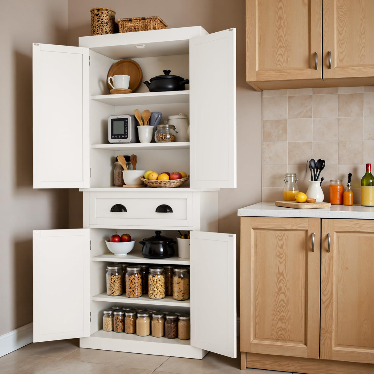 Homall 72" Pantry Storage Cabinet, Kitchen Freestanding Cupboard with Adjustable Shelves & Large Drawer, Tall Buffet Sideboard for Kitchen, Dining Room (White) Homall