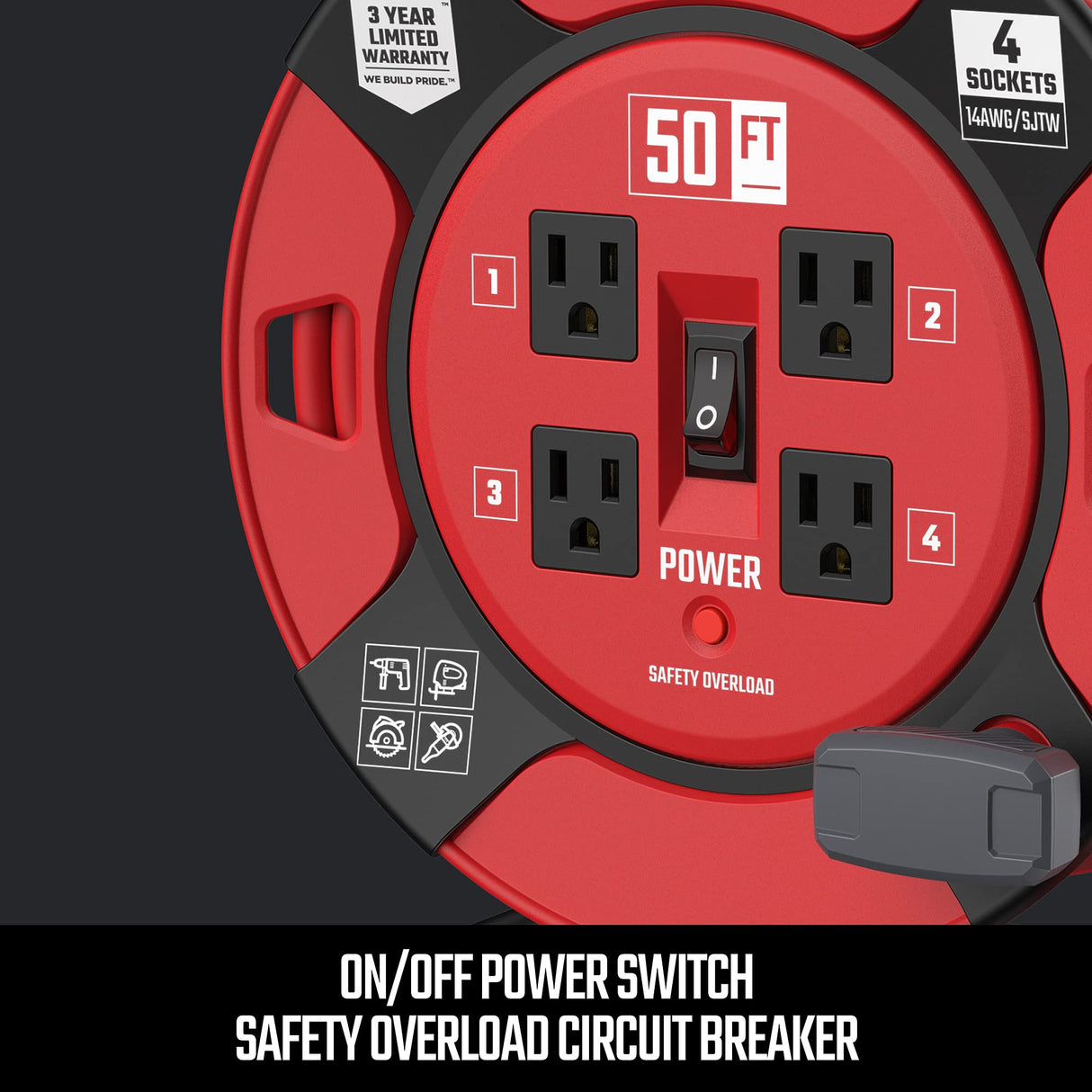 CRAFTSMAN Retractable Extension Cord Reel 50 Ft. With 4 Outlets & Heavy Duty 14AWG SJTW Cable CRAFTSMAN