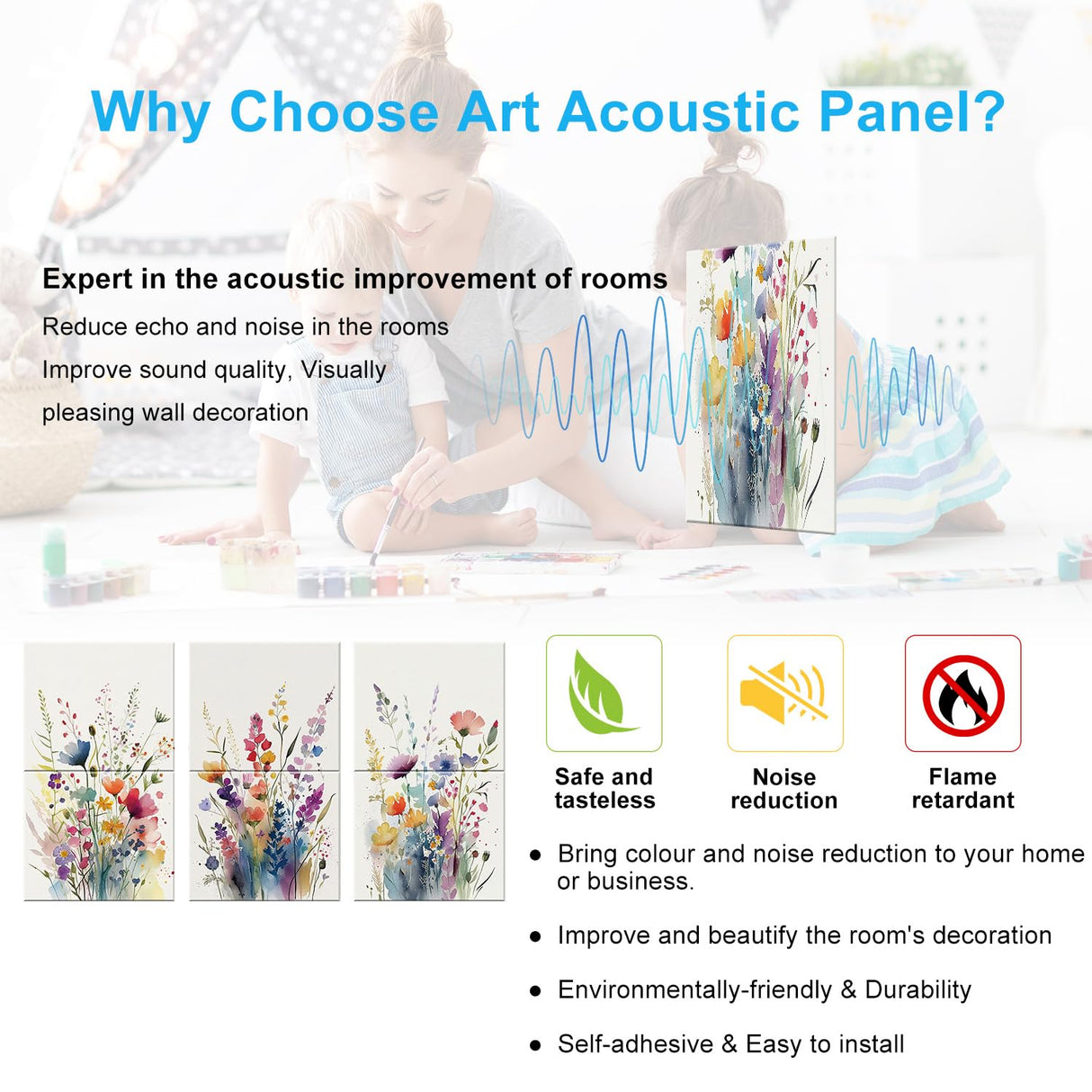 JBER Art Acoustic Panels, 6 Pack Self-Adhesive Large Wall Art Paintings for Wall Decoration, Sound Absorbing Panels for Recording Studio, Living room, Bathroom, 47.2" x 27" (Wild Flowers) JBER