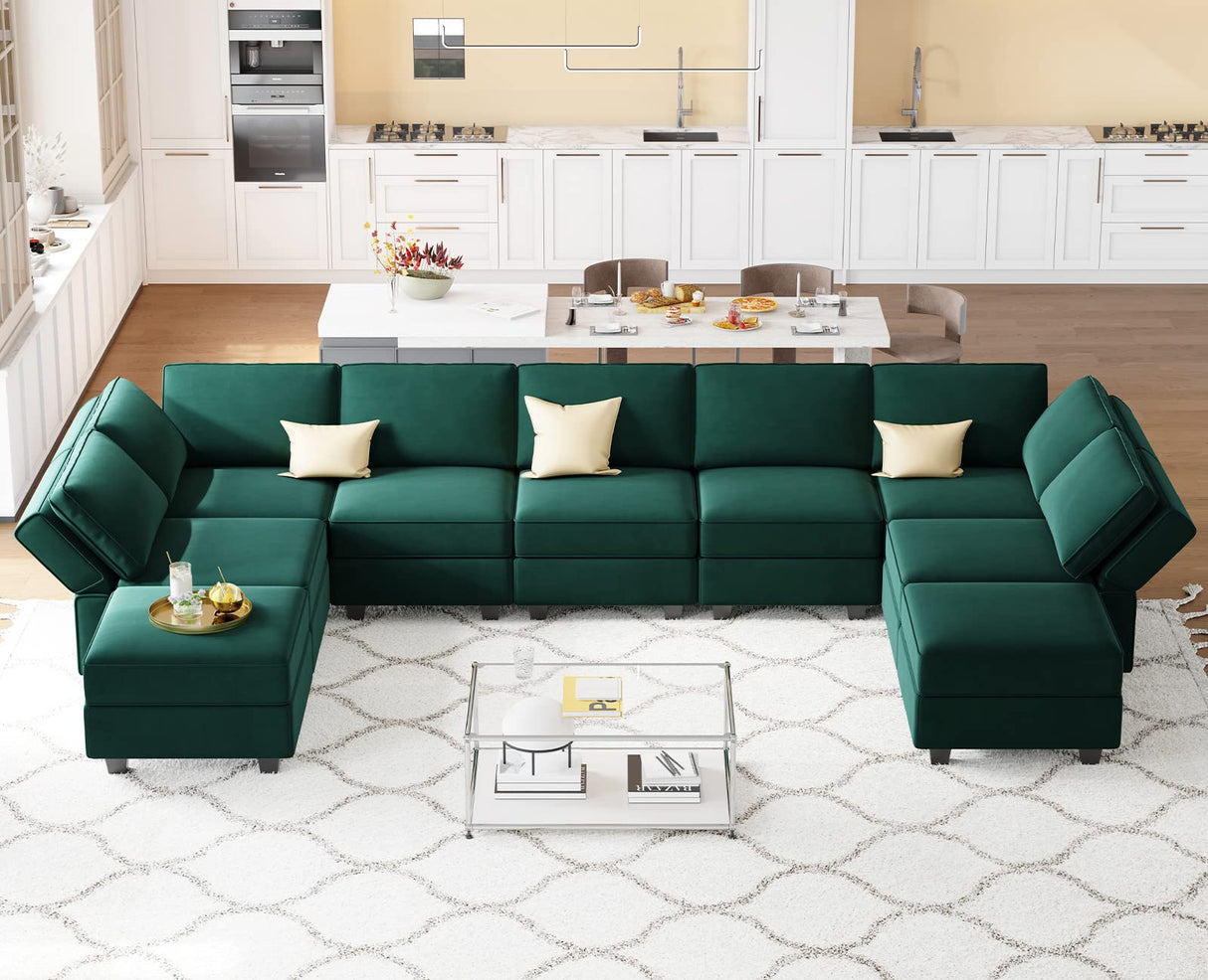 Belffin Modular Sectional Sofa with Ottomans Velvet Reversible Sleeper Sectional Sofa with Chaise Modular Sleeper Sofa Bed with Storage Seat Green Belffin