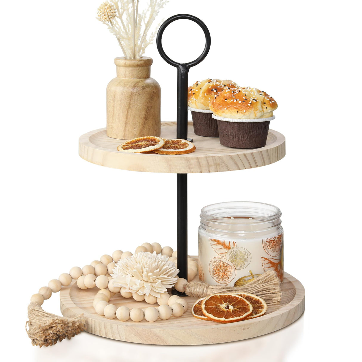 Decorative Wooden Tiered Tray Stand - Beautiful Two Tiered Coffee Table Serving Tray Enhances Your Seasonal Modern Farmhouse Decor - The Perfect Centerpiece for Your Fall Table Decorations KIBAGA
