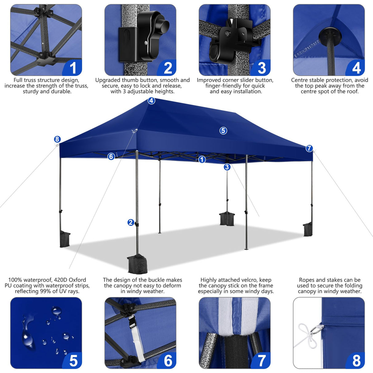 COBIZI Pop up Canopy Tent 10x20 Heavy Duty Gazebo with 6 Sidewalls, UPF 50+ All Weather Waterproof Commercial Outdoor Wedding Party Tents Canopy with Roller Bag, Dark Blue COBIZI