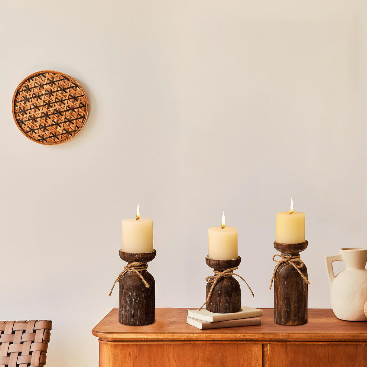Farmhouse Wooden Candle Holders for Pillar Candles, Brown Distressed Set of 3 Rustic Wood Pillar Wood Candle Stands with Hemp Rope Bow Table Centerpiece Decor for Fireplace, Living, and Dining Room OKSQW