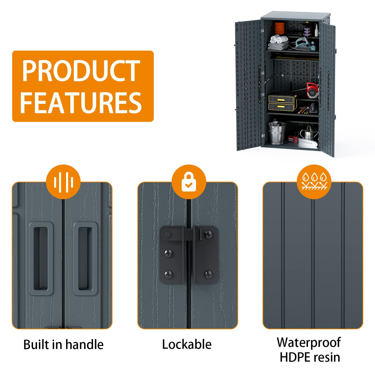 30 Cubic Ft. Vertical Resin Outdoor Storage Shed with Lockable Double Doors,Tall Storage Cabinet with 4 Shelves, Weather-Resistant Multi-Wall Panels,Storage Shed for Patio, Garden, Yard, Grey ZYJOYY