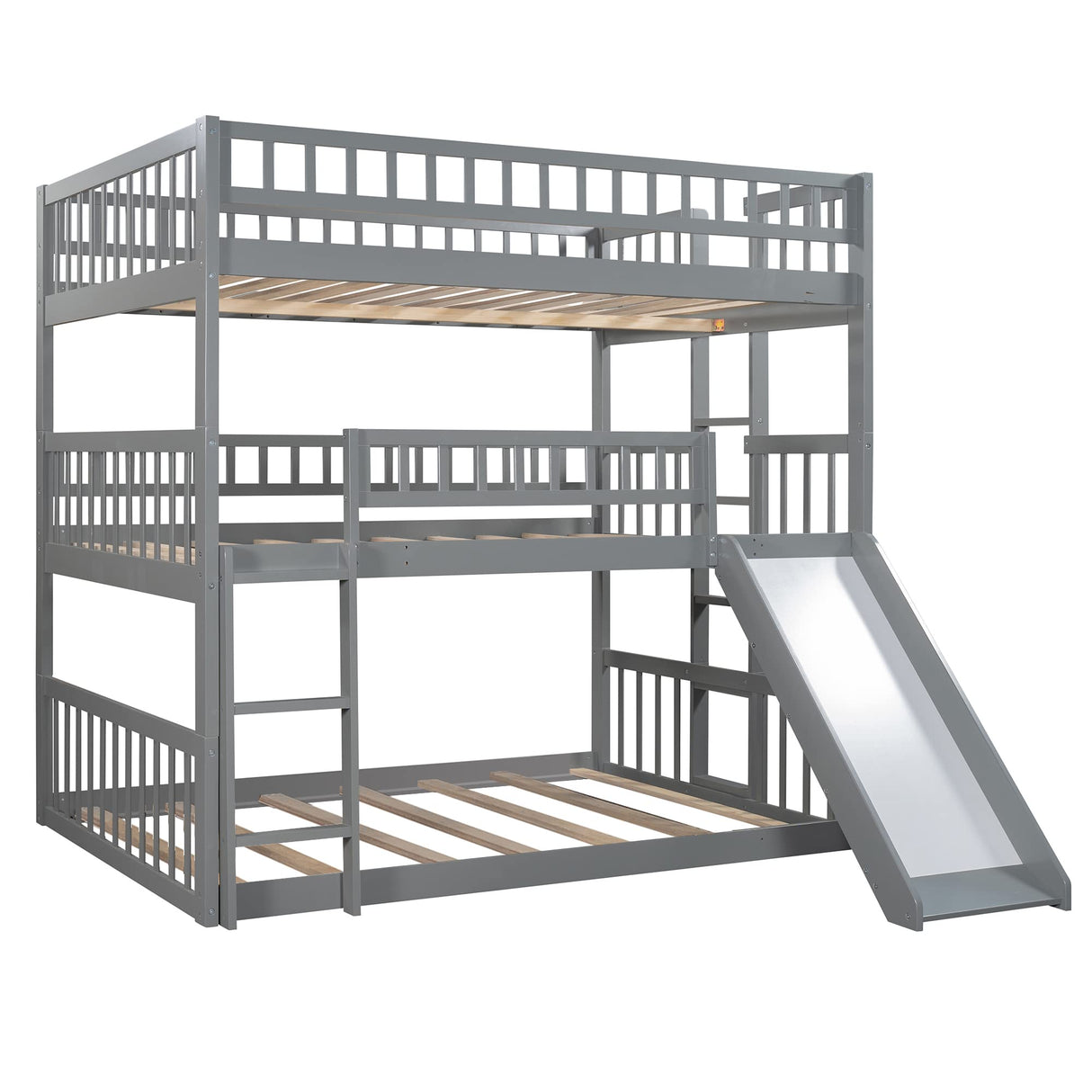 Triple Bunk Bed with Slide, Full Over Full Over Full Bunk Bed Convertible Triple Beds for Kids/Teens/Adults, Gray Bellemave