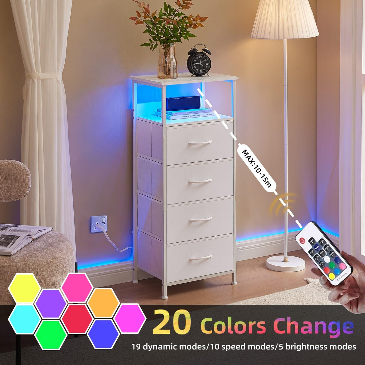 Somdot White Nightstand with Charging Station and LED Light for Bedroom, Tall 4 Drawers Dresser with Fabric Bins for Bedside Kids Dorm Room Closet Laundry Entryway, White Leather Somdot