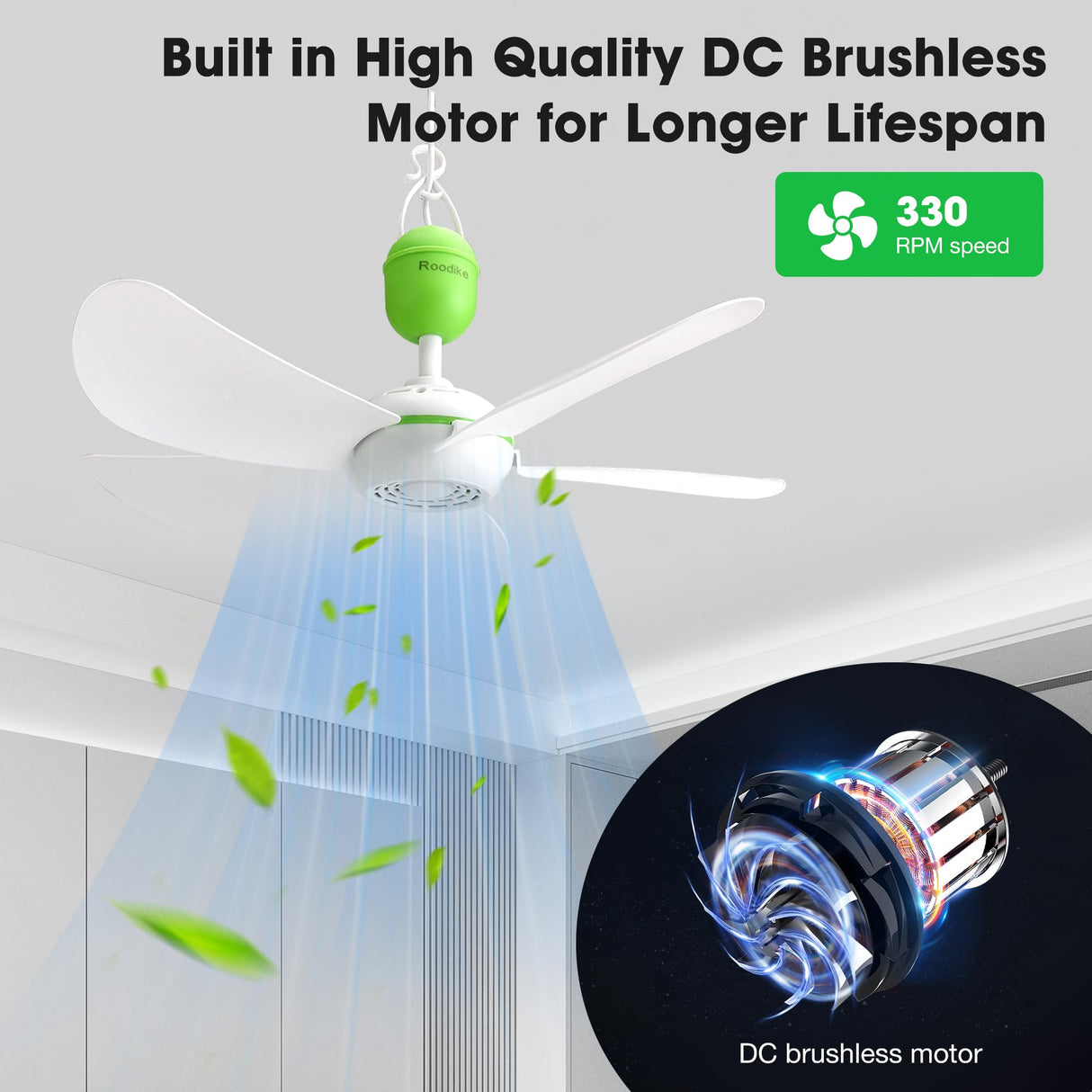 Roodike Mini USB Ceiling Fan for Camping Tent, 17" Portable Hanging Ceiling Fan for Outdoor Gazebo or RV, 13.2ft Long Cord with on/off Button, DC 5V, 330 RPM Rotation Speed, 36 dB Quiet Roodike