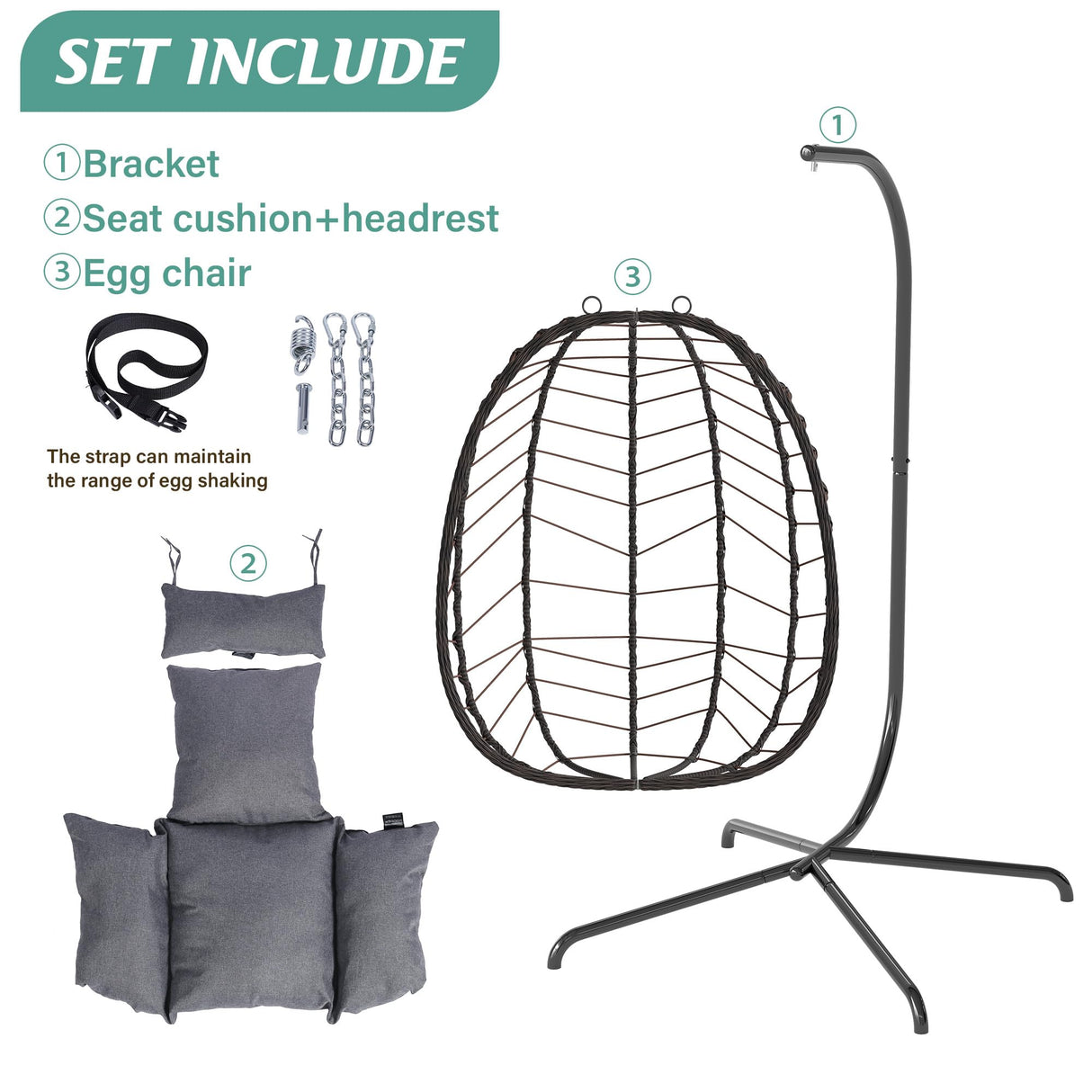 Egg Chair with Stand, Patio Wicker Hanging Chair, Hammock Swing Chair, 350LBS Capacity for Bedroom, Balcony, Garden(BR-GR) DoubleTT