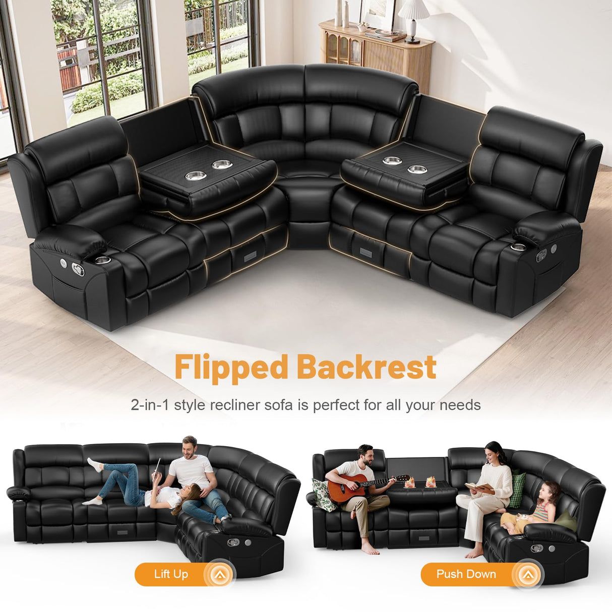 Dresegmt Recliner Sectional Sofa, 5 Seat L-Shaped Manual Reclining with Flip Middle Backrest Design, Large Storage Drawer, USB Ports, Recliner Sofa Couch for Home Theater Seating (Black) Dresegmt