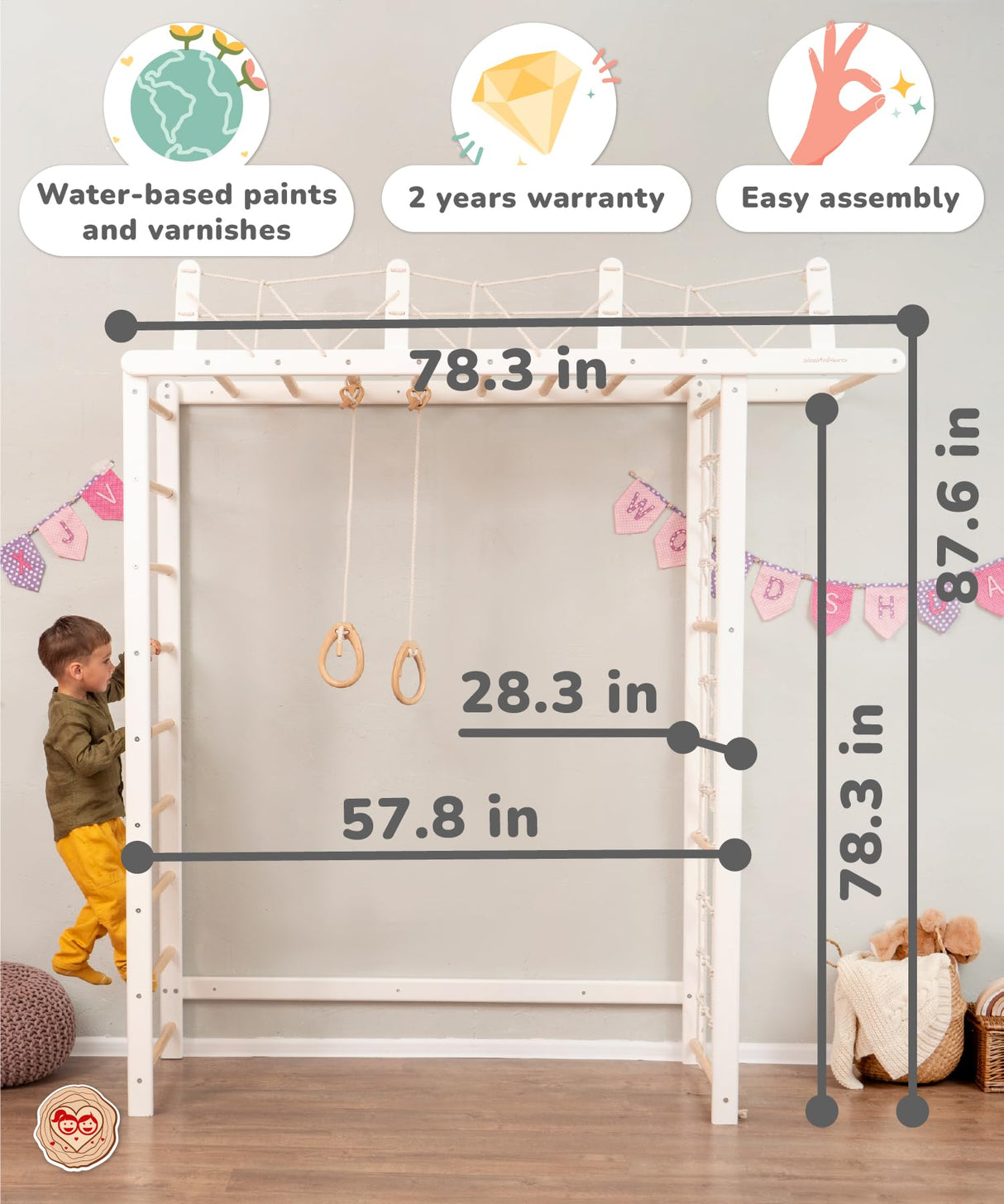 Woodandhearts Swedish Ladder Indoor Playground, Climbing Wall for Kids, Montessori Climbing Set, Indoor Jungle Gym for Toddlers (Pair of Gymnastic Rings) Wood And Hearts