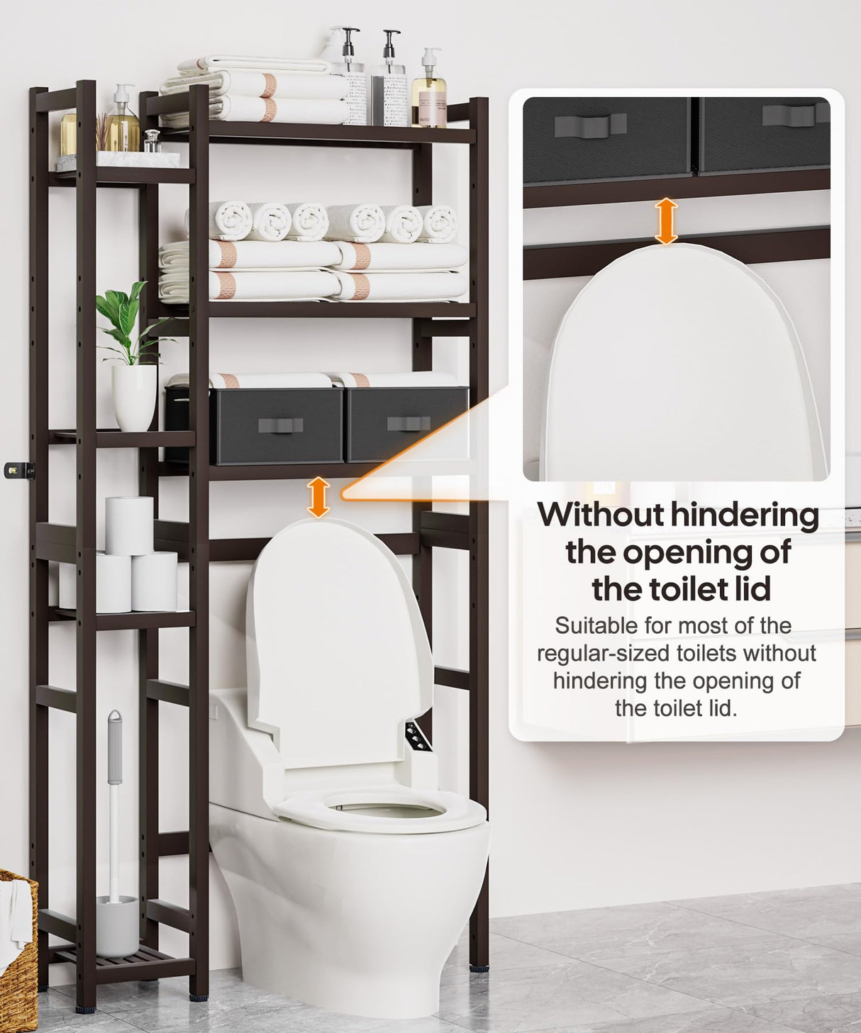 Homde Over The Toilet Storage with Basket and Drawer, Bamboo Bathroom Organizer with Adjustable Shelf & Waterproof Feet Pad, Space Saver Rack for Restroom, Laundry, Brown Homde