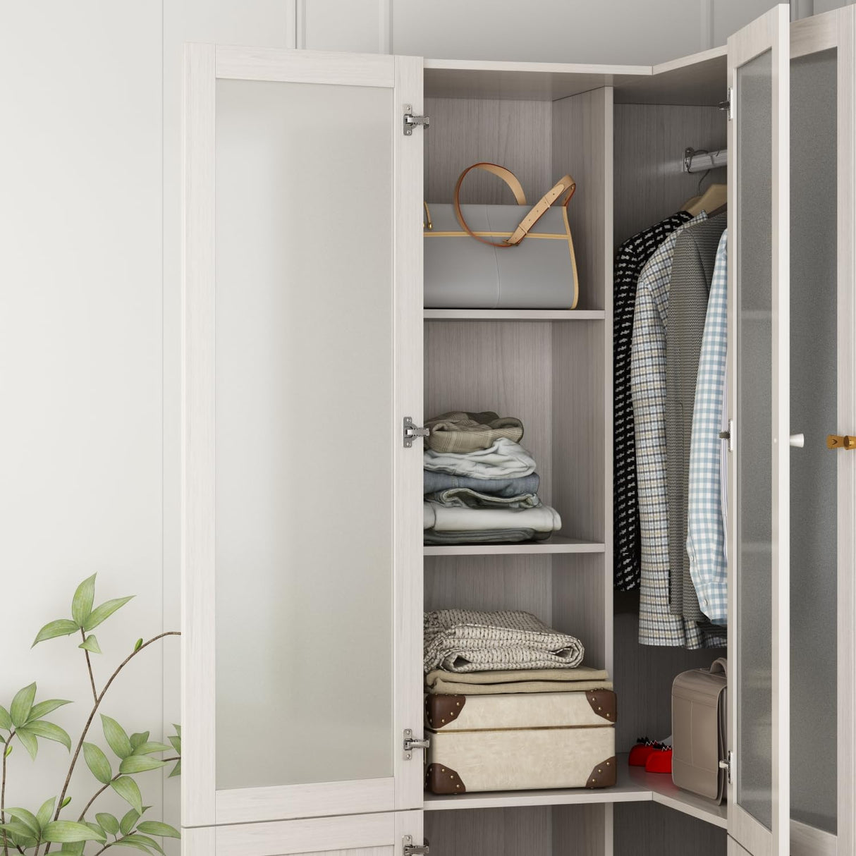 Homsee L-Shape Armoire Wardrobe Closet with Frosted Glass Doors, Hanging Bar & Shelves, Wooden Closet Storage Cabinet with Top Cabinet for Bedroom, Warm Grey (35.4”L x 35.4”W x 86.6”H) Homsee