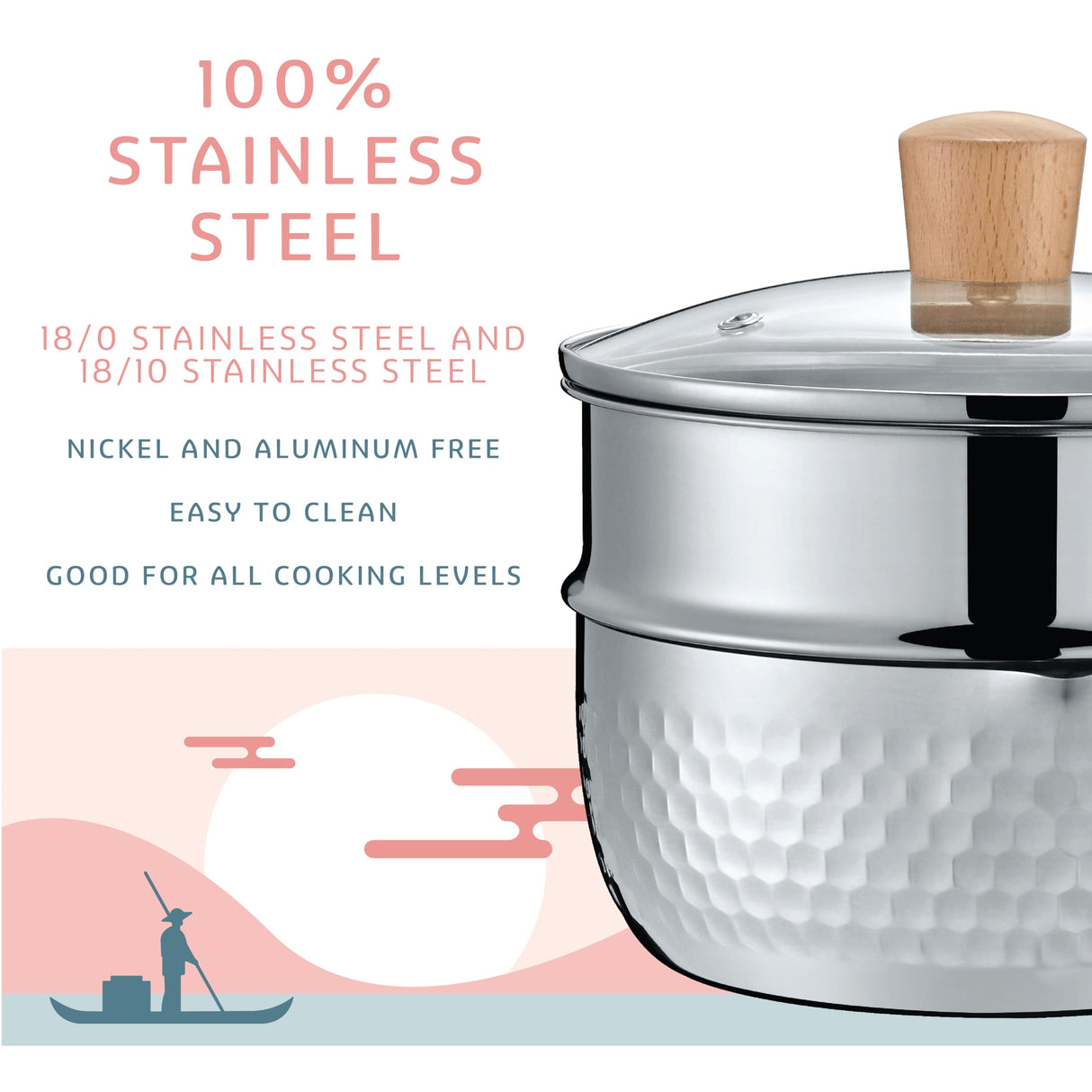 CONCORD 2 Quart Stainless Steel Yukihira Pan with Steamer. Traditional Japanese Saucepan with Wood Handle. Great for Ramen, Tempura pot, Milk, etc. Concord